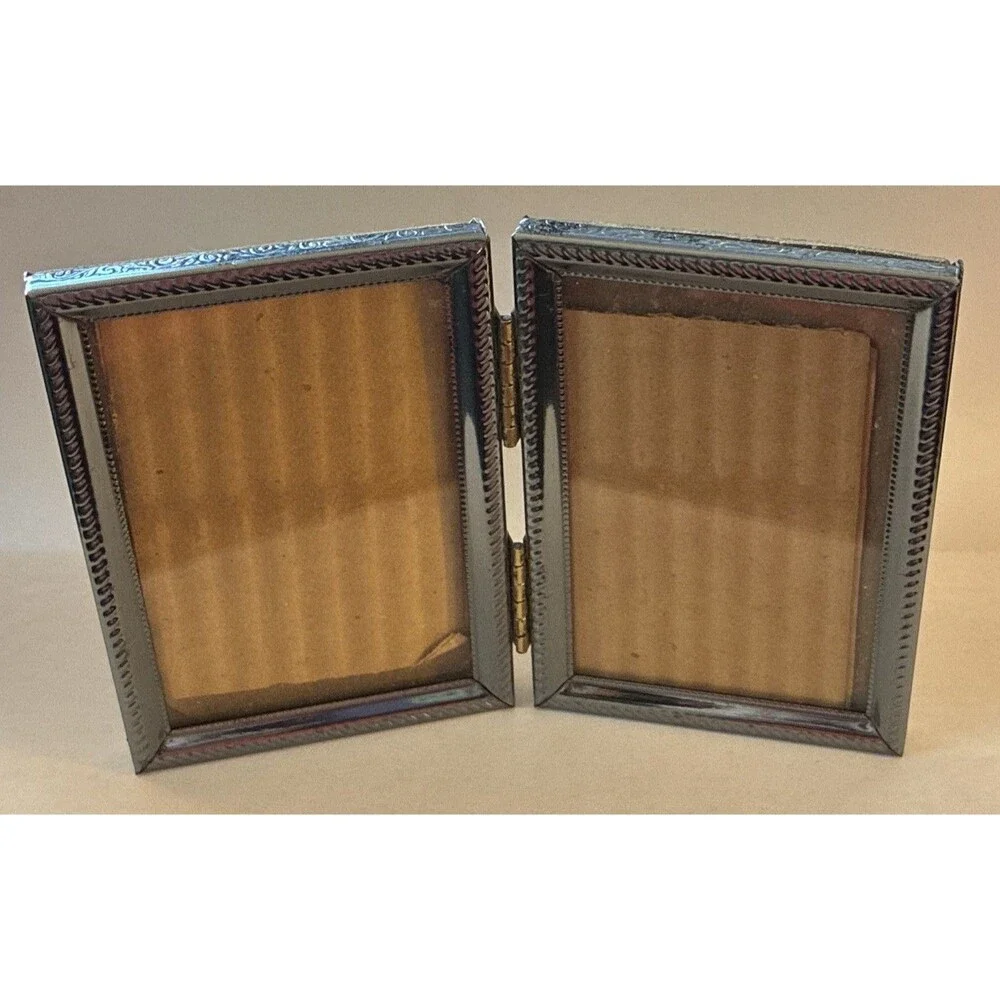 Vintage Silver Tone Metal Double Hinged Folding 2x3 Tabletop Photo Frame